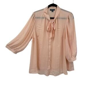 ModCloth Women Size 1X Tie Neck Blouse Peach Silky Classic 3/4 Sleeve Button Up